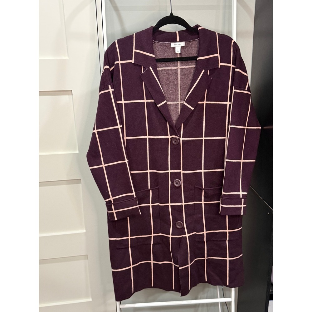 Nine West Womens Plum Windowpane Grid Longline Duster Coatigan L Dark Academia